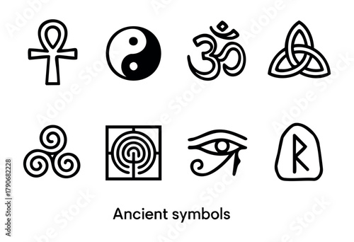 A collection of ancient symbols representing different cultural beliefs. These icons illustrate spirituality, connection, and the quest for understanding in human history.