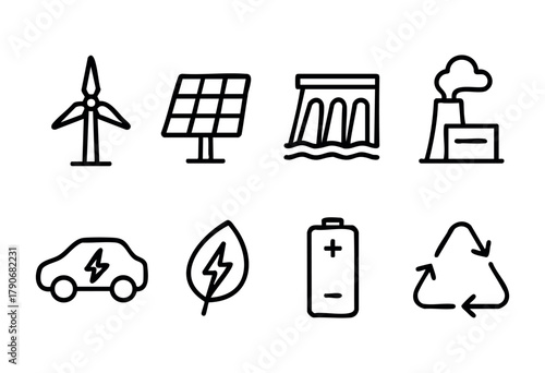 Graphics showcase wind turbines, solar panels, hydropower, electric vehicles, and recycling symbols, highlighting key elements of renewable energy and sustainability concepts.