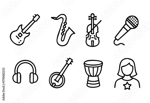 Various musical symbols are illustrated in line art. The collection includes a guitar, saxophone, violin, microphone, headphones, banjo, drum, and a person, highlighting music's diversity.