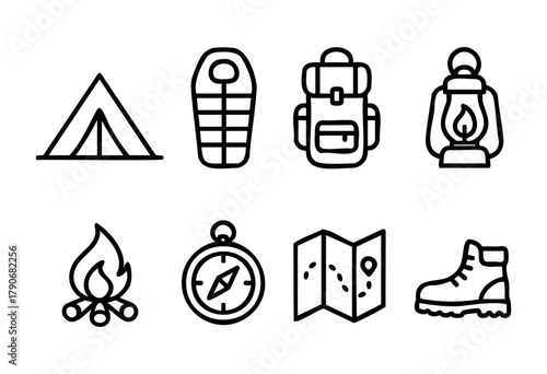 Various camping gear icons are displayed, showcasing items like a tent, sleeping bag, backpack, lantern, campfire, compass, map, and hiking boots for outdoor enthusiasts.