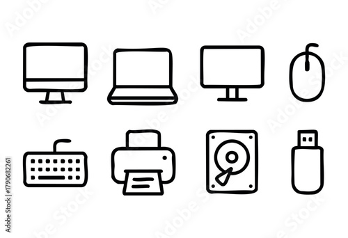 Various computer and office equipment icons are displayed in clear line art. Items include monitors, a laptop, a mouse, a keyboard, a printer, a hard drive, and a USB drive.