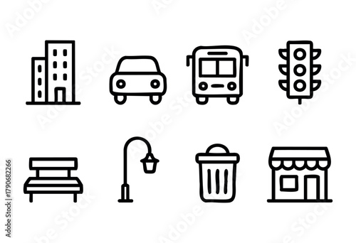 A collection of simple line drawings showcases urban elements, including buildings, cars, buses, traffic lights, benches, street lamps, trash cans, and shops, illustrating city life essentials.