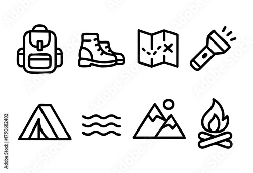 Essential gear for outdoor activities is displayed, including a backpack, boots, map, flashlight, tent, mountains, water, and a campfire, highlighting preparations for a wilderness trip.