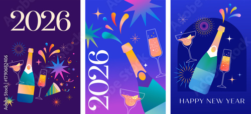 Happy New Year 2026 vertical backgrounds with champagne and fireworks