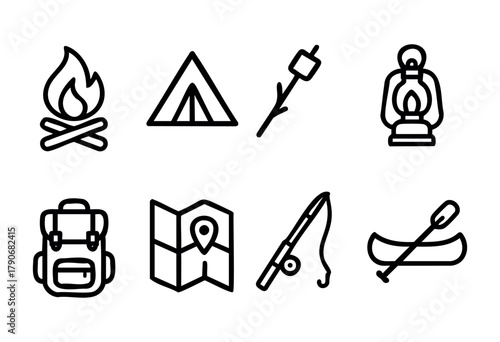 Items representing outdoor activities include a campfire, tent, lantern, fishing pole, canoe, and backpack. Perfect for planning camping and adventure trips in nature.