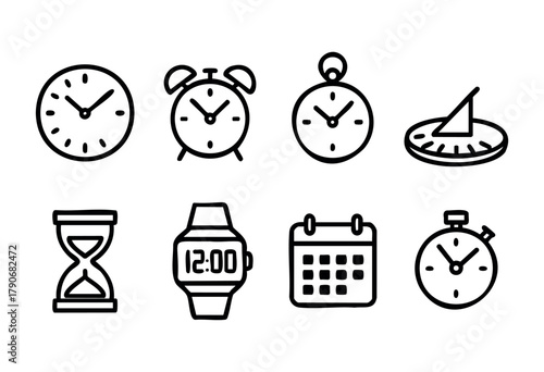 Various clocks and timekeeping devices are displayed in a simple black and white design. The collection includes wall clocks, alarm clocks, a stopwatch, and an hourglass.