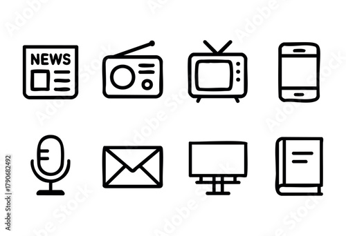 Simple icons display various forms of media, including a newspaper, radio, television, smartphone, microphone, email, monitor, and book. Each represents a different way to consume information.