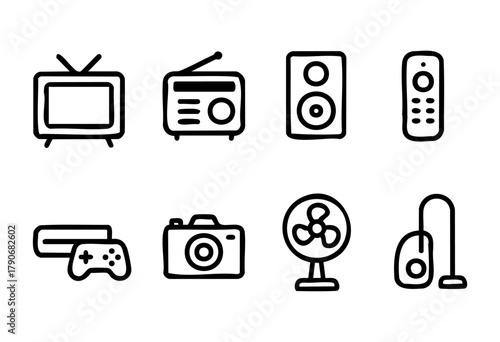 A collection of hand-drawn line art representing different electronic devices. Included are a television, radio, speakers, remote, game console, camera, fan, and vacuum cleaner, illustrating modern li