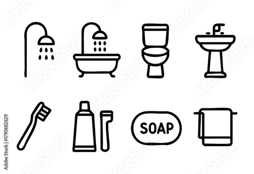Variety of bathroom fixtures and personal care items displayed, including a shower, bathtub, toilet, sink, toothbrush, toothpaste, soap, and towel, highlighting daily hygiene practices.