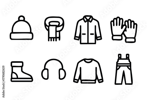 A collection of winter clothing and accessories is displayed, including a beanie, scarf, jacket, gloves, boots, headphones, sweater, and overalls for chilly outdoor experiences.