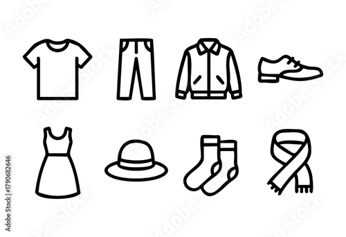 Various clothing items and accessories are arranged in a flat layout, showcasing shirts, pants, a jacket, shoes, a dress, a hat, socks, and a scarf suitable for multiple occasions.