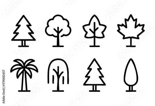Various tree and plant designs are displayed in a minimalistic line art style, showcasing eight distinct forms including conifer, deciduous, and palm trees.