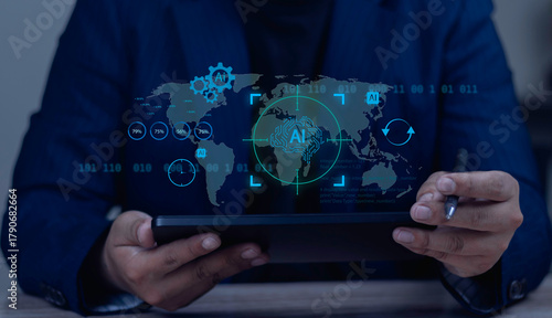Businessman uses AI for global strategy and data analysis, viewing a world map and analytics dashboard on a tablet.