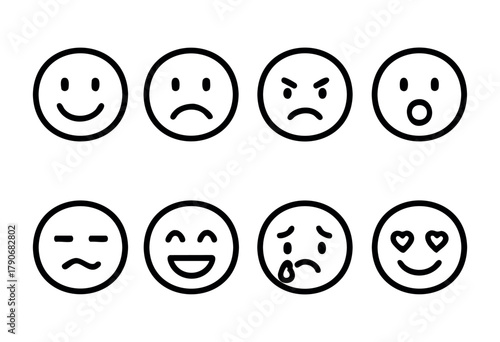 Emoticons represent a range of emotions including happiness, sadness, anger, surprise, love, and confusion. They are displayed on a plain background for easy understanding.