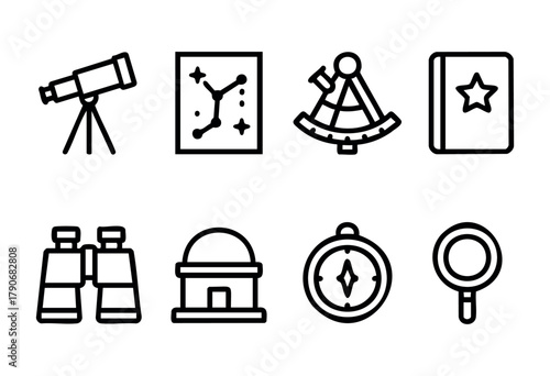 Various tools related to astronomy and navigation are displayed, including a telescope, compass, and binoculars. These items are useful for exploring the night sky and the outdoors.