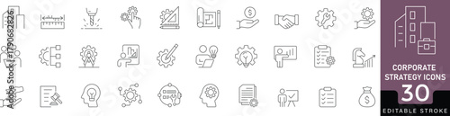 Corporate strategy icon set. Editable stroke line icons of business, management, planning, success, growth, and teamwork. Perfect for marketing, finance, and company presentations. Vector illustration