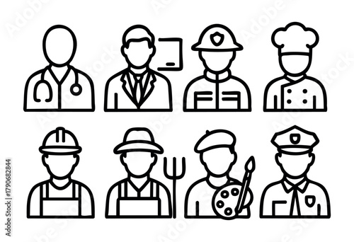 This artwork displays a variety of professions in a minimalistic line art style, including a doctor, chef, artist, and police officer, highlighting societal roles.