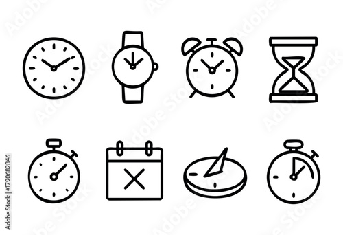 Different timekeeping devices are arranged in a neat grid. They include wall clocks, a wristwatch, an alarm clock, a stopwatch, a calendar, a sundial, and an hourglass, all in minimalist design.