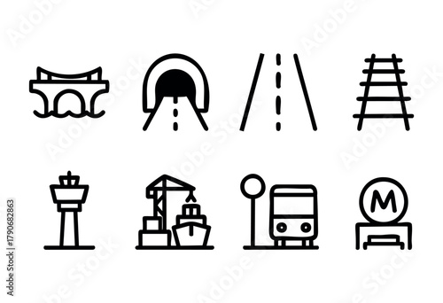 This collection features various transportation symbols such as bridges, tunnels, roads, railways, and airport control towers, illustrating the different ways people travel.