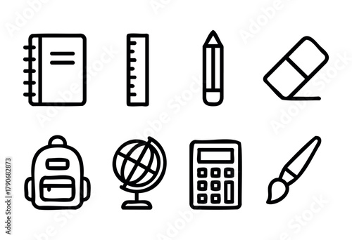 Various school supplies, including a notebook, ruler, pencil, eraser, backpack, globe, calculator, and paintbrush, are displayed simply to highlight their use in learning.
