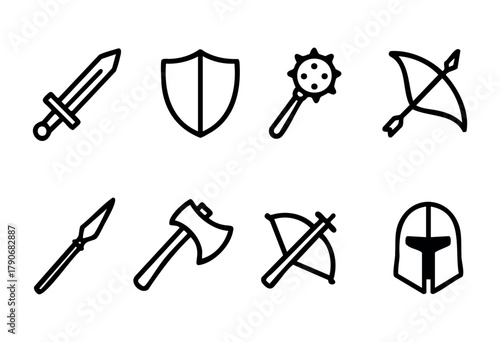 Eight simple monochrome icons show a variety of weapons and shields, including swords, axes, and ornate helmets, perfect for fantasy or historical-themed projects.