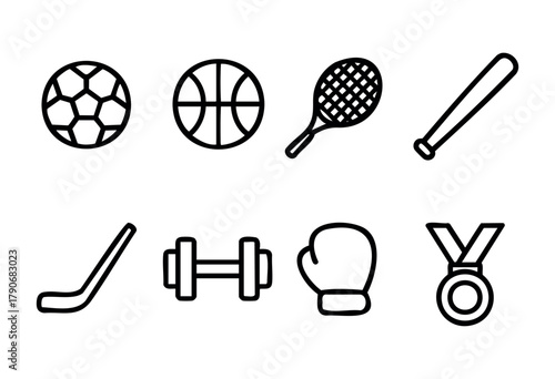 Various types of sports equipment are displayed, showcasing a soccer ball, basketball, tennis racquet, baseball bat, weight, hockey stick, boxing glove, and medal in a clean layout.