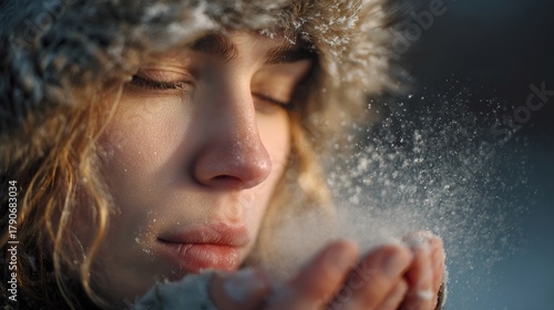 Woman blowing snow from hands in winter