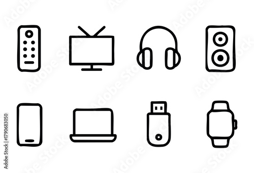Various modern electronic devices are arranged in a grid. Items include a remote control, television, headphones, speakers, smartphone, laptop, USB drive, and smartwatch.