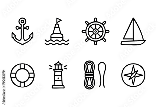 This collection showcases various nautical symbols like an anchor, sailboat, lighthouse, and compass, all illustrated in a minimalist black and white style, perfect for maritime themes.