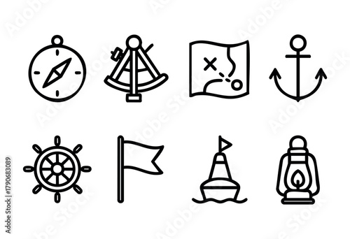 Various icons depict essential navigation tools like a compass, sextant, map, anchor, and ship's wheel, useful for exploring the ocean or planning marine journeys.