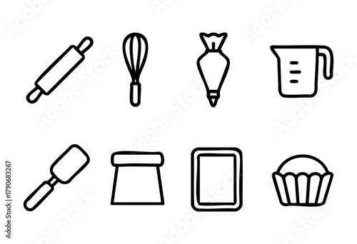 Various essential kitchen tools are displayed, including a rolling pin, whisk, piping bag, measuring cup, spatula, tart mold, and cupcake liner, ideal for baking activities.