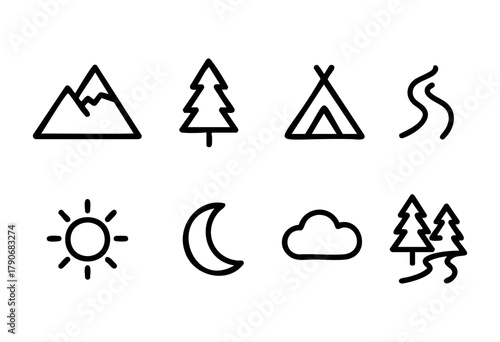 Various nature symbols depict mountains, trees, a tent, sun, moon, clouds, and rivers. These icons reflect outdoor adventures and serene landscapes in a minimalist design.