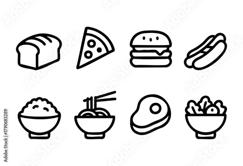 A variety of food icons displayed in a minimalist style, featuring bread, pizza, burger, hotdog, rice, noodles, steak, and salad arranged in a grid fashion.