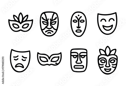 Different mask styles showcase a range of emotions including joy, sadness, and mystery, presented in a minimalist black and white design aesthetic.