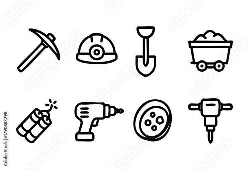 Different tools related to mining activities are showcased, including a pickaxe, helmet, shovel, mine cart, drill, and explosives. These items represent essential equipment for miners.