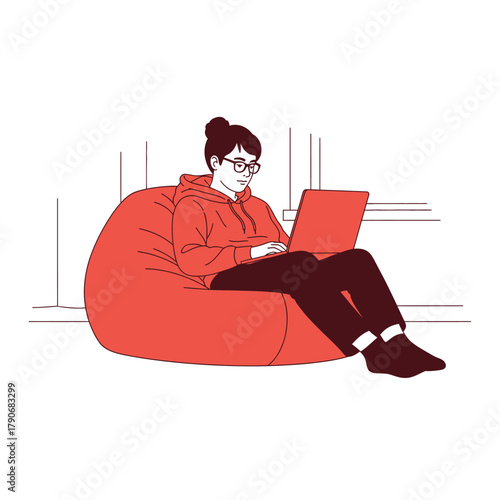 Relaxed woman works remotely on laptop in comfy beanbag chair, enjoying flexible workspace and modern lifestyle, perfect for digital nomad concepts