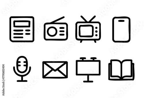 Simple black icons showcase various types of media, including a newspaper, radio, television, mobile phone, microphone, envelope, billboard, and a book.