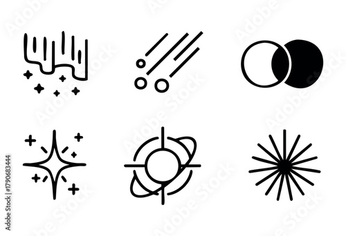 This scene features several minimalist cosmic-themed illustrations, including stars, meteor trails, and celestial bodies, showcasing a black and white design aesthetic.