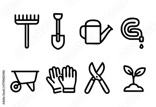 Different gardening tools are arranged, showcasing a rake, shovel, watering can, hose, wheelbarrow, gloves, pruning shears, and a young plant sprouting in soil.