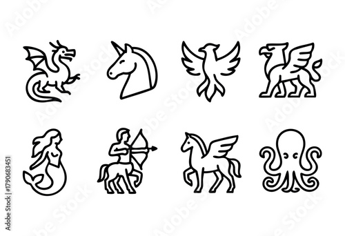 A collection of simple line drawings featuring dragons, unicorns, mermaids, griffins, and other mythical creatures. Each design showcases its unique charm, reflecting various legends.