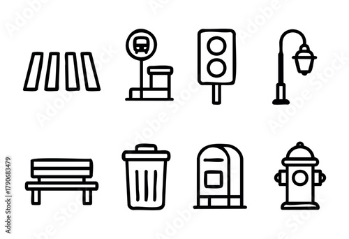 Different sketches represent common urban elements such as bus stops, traffic lights, benches, and waste bins, illustrating city life and amenities vital for daily activities.