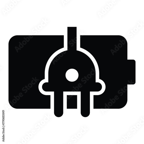 Battery plug icon representing electric charging and power connection. Vector illustration for energy, electricity, renewable power, technology, electric vehicles, and eco-friendly device concepts.