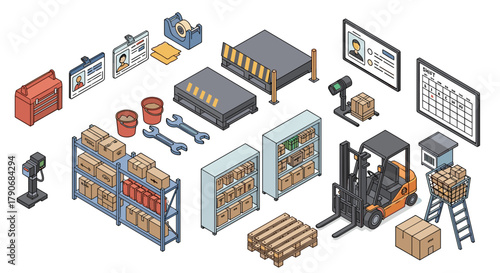 Isometric illustration of warehouse equipment and supplies, including forklifts, shelves, boxes, tools, and safety gear.