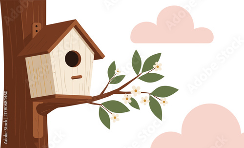 Birdhouse on tree trunk with flowers and leaves, spring nature illustration, outdoor decorative vector artwork for garden wildlife and home design
