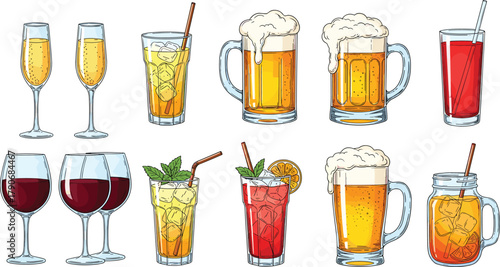 Beverage illustration vector, cocktail glass artwork, beer mug drawing, wine glass design, colorful drink artwork, bar menu decorative artwork collection
