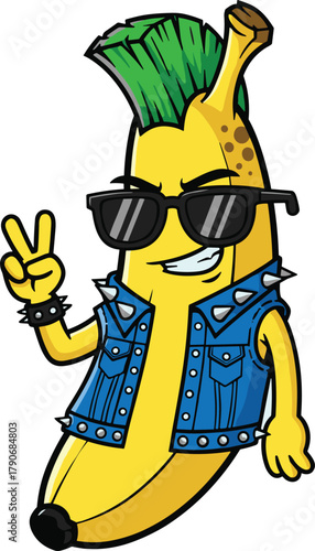 cad drawing flat vector illustration, cartoon banana character, punk rock style, mohawk sunglasses, denim vest spikes, funny fruit, rebellious mascot design