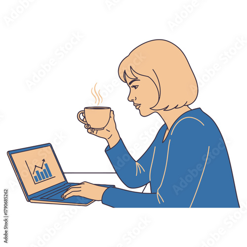 Focused woman analyzing business data on laptop while enjoying coffee break, ideal for blog posts or professional presentations about productivity