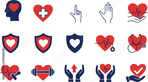 CAD drawing flat vector illustration, health wellness medical icon collection, fitness care graphic, healthcare design template, heart protection outline symbol set