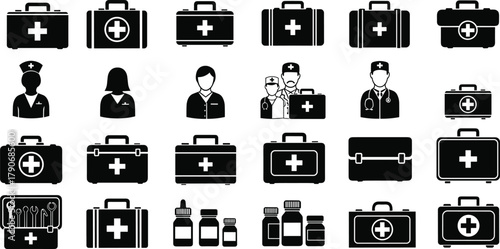 CAD drawing flat vector illustration, medical healthcare icon set, doctor nurse graphic, hospital design template, medicine outline symbol collection