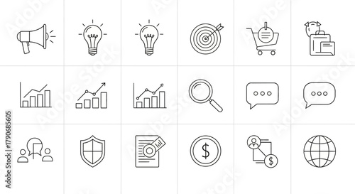 Corporate Strategy and Financial Analysis Icons: Outline set covering communication, growth, targets, and security.